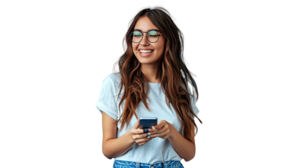 Young curious smiling happy pretty latin woman holding mobile phone. transparent, isolated on white. PNG.