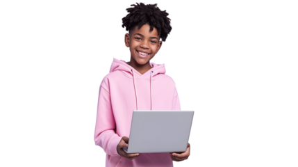 Young happy African American teenager student boy wearing pink hoodie holding laptop using computer. transparent, isolated on white. PNG.