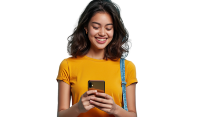 Young curious smiling happy pretty latin woman holding mobile phone. transparent, isolated on white. PNG.