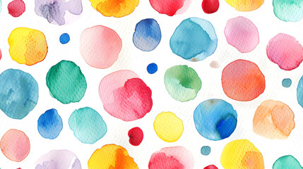 A seamless pattern featuring vibrant and playful watercolor dots in various colors on a white background. Ideal for textile designs, wallpapers, and cheerful decorative projects.