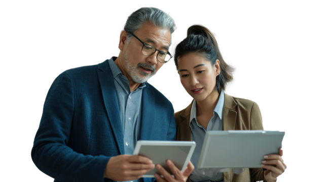 Two diverse business team people talking and working. transparent, isolated on white. PNG.