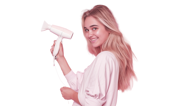 Teenager blonde girl holding a hairdryer over. transparent, isolated on white. PNG.