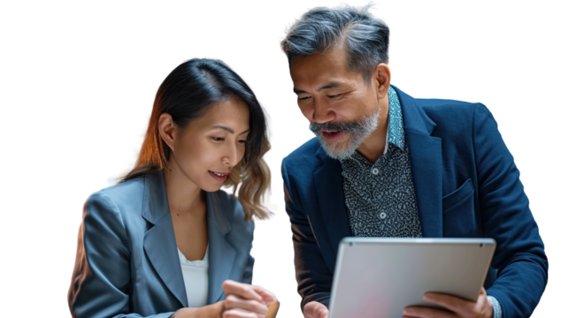 Two diverse business team people talking and working. transparent, isolated on white. PNG.