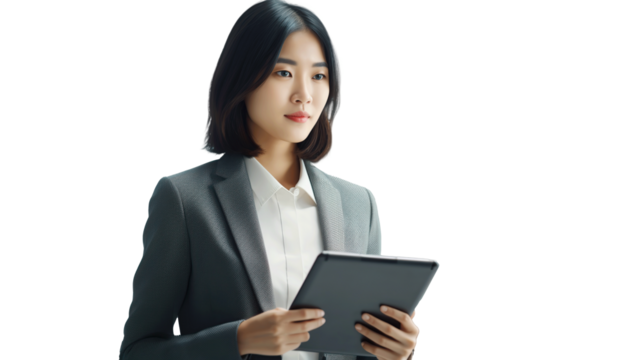 Young Asian business woman entrepreneur standing in office holding digital tablet. transparent, isolated on white. PNG.