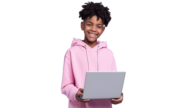 Young happy African American teenager student boy wearing pink hoodie holding laptop using computer. transparent, isolated on white. PNG. - Powered by Adobe