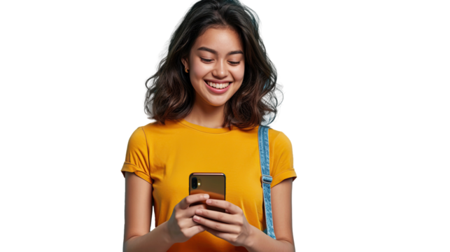 Young curious smiling happy pretty latin woman holding mobile phone. transparent, isolated on white. PNG.