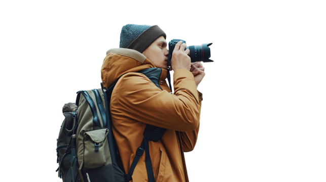 young man photographer takes photographs. transparent, isolated on white. PNG.