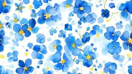 A seamless pattern featuring vibrant blue flowers with yellow centers and delicate leaves on a white background. Perfect for textile designs, wallpapers, and cheerful decorative projects.