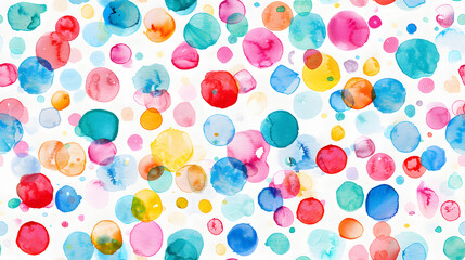 A seamless pattern featuring vibrant and multicolored watercolor dots on a white background. Ideal for textile designs, wallpapers, and cheerful decorative projects