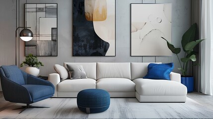 A minimalist living room arrangement featuring a sleek white sofa and a chic blue armchair, set against a backdrop of abstract posters on the wall. Soft ambient lighting adds.