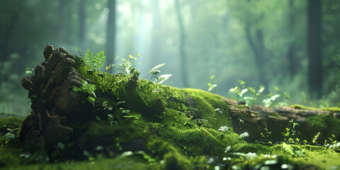 Soft moss covers an ancient log in a mystical sunlight filtered forest
