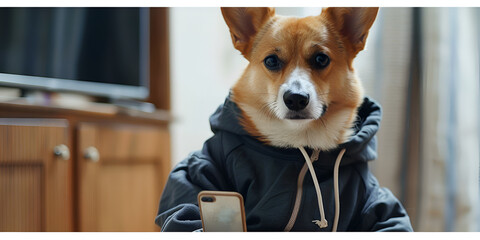 A dog in black jacket with a digital mobile phone in his hands looking at the screen
