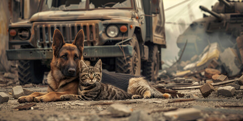 Malinois Dog with cat in Bulletproof Vests against Military Equipment. Belgian Shepherd Malinois dog
