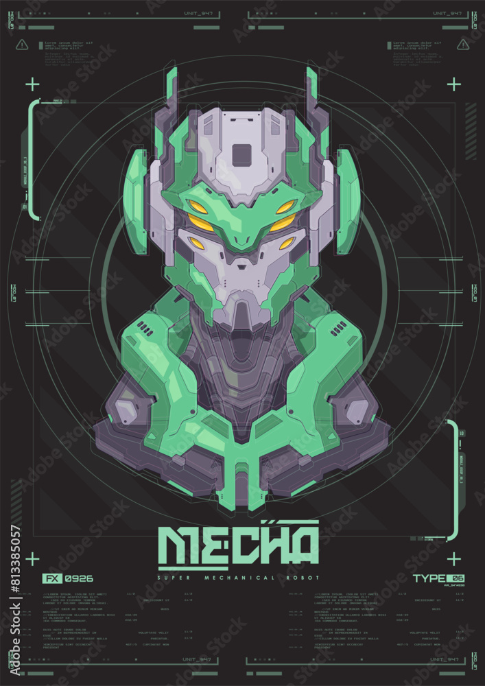 Poster modern flyer for web and print. hacking, cyberpunk futuristic poster. futuristic mecha robot face. t