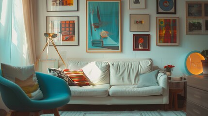 A cozy living room featuring a white sofa and a blue armchair set against a backdrop of colorful posters on the wall. Soft natural light fills the room, highlighting the inviting seating arrangement.