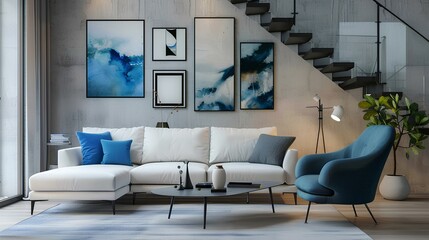 A minimalist living room arrangement featuring a sleek white sofa and a chic blue armchair, set against a backdrop of abstract posters on the wall.
