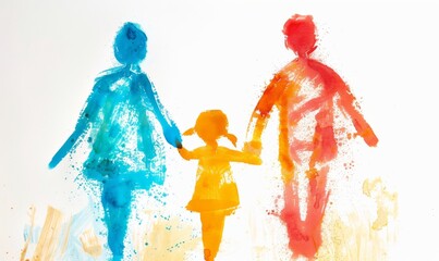Abstract colorful silhouette of family walking in dynamic paint splashes
