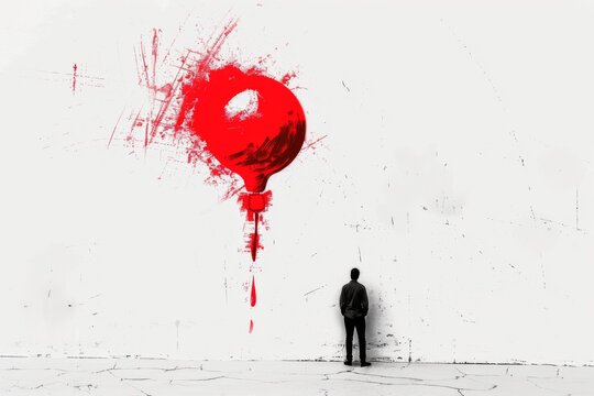 Abstract concept of man facing a dripping red paint lamp