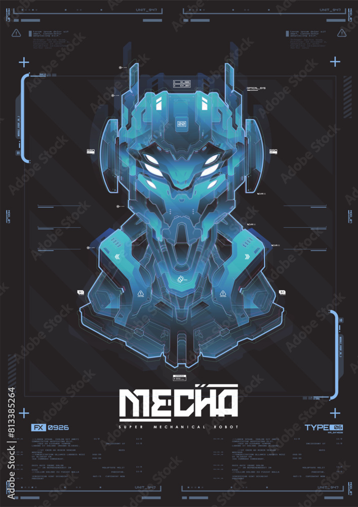 Poster modern flyer for web and print. hacking, cyberpunk futuristic poster. futuristic mecha robot face. t