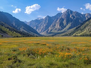Fototapeta premium Mountain Meadow Bliss: A scenic alpine landscape adorned with flowers, nestled in the majestic mountains under a clear sky, showcasing nature's beauty