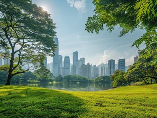 Fototapeta premium City Park Skyline: A panoramic view of the urban landscape with skyscrapers, greenery, and clouds, featuring Central Park in Manhattan and iconic buildings in London