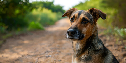 A Emotional red dog looking off camera and sitting on the road
