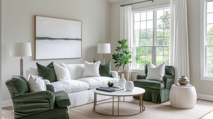 Fototapeta premium Fresh and Vibrant Living Room with Coral Accents, Modern Stylish Design and Comfortable Seating