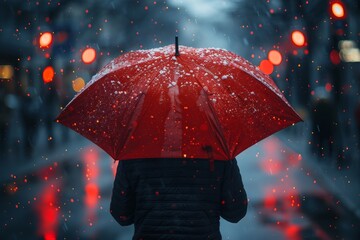 In a city background, a businessman holds a red umbrella on falling rain with icons for business, health, financial, life, family, accidents, and logistics insurance.