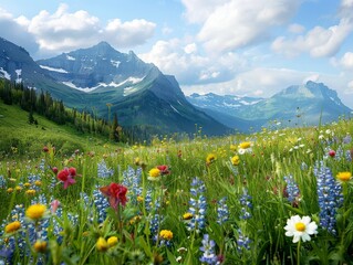 Fototapeta premium High Alpine Meadow in Austria with Wildflowers and Mountain View under Summer Sky
