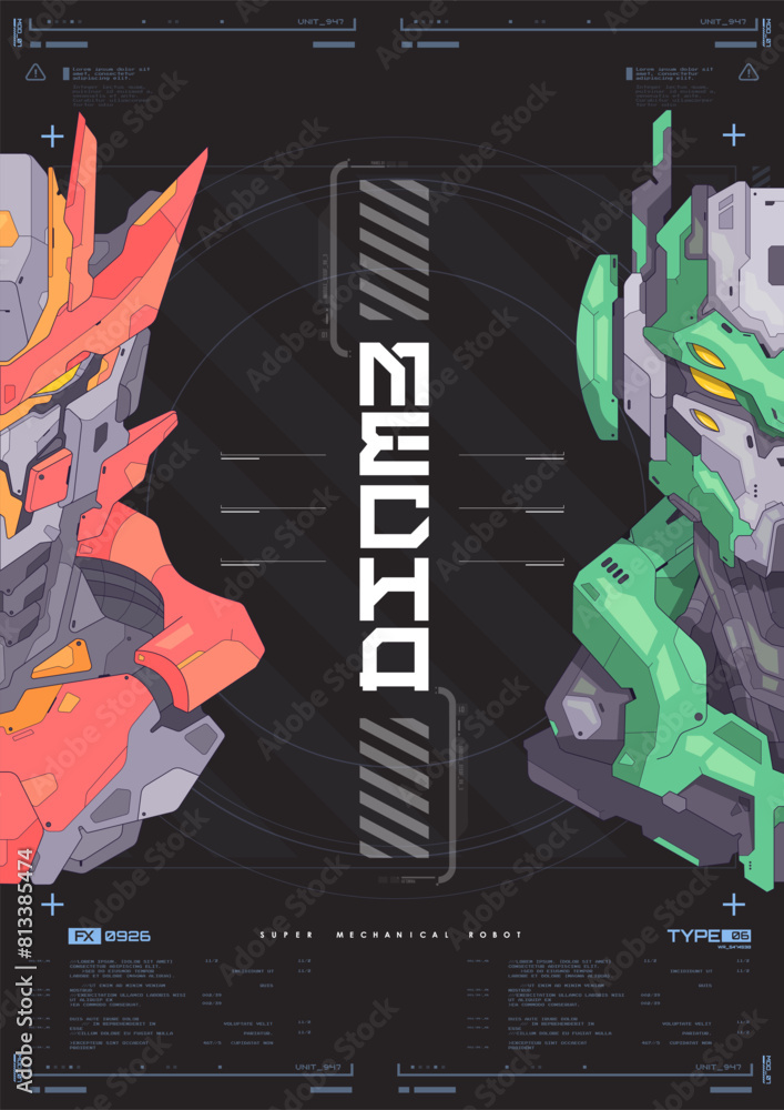 Poster modern flyer for web and print. hacking, cyberpunk futuristic poster. futuristic mecha robot face. t