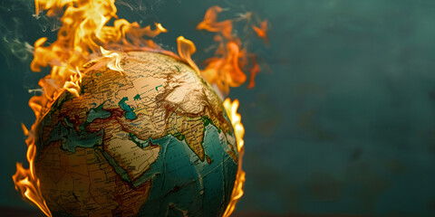 Concept of earth destroyed by pollution, global warming, greenhouse effect, destroying the planet, No planet for the future generation. Burning planet on green background,
