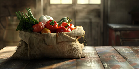 Assorted Fresh Vegetables in Burlap Sack on wooden table,Sustainable Food Concept