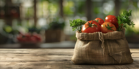 A bag full of fresh harvested red cherry tomatoes on a wooden table in the room interior,