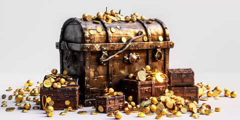 Close treasure chest filled with golden coins with small treasure chest, gold and jewellery isolated on white background.