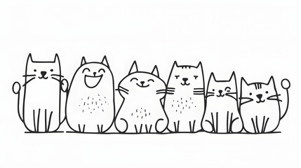 Charming black and white line art of six happy cats standing in a row. Ideal for pet-themed designs and playful illustrations.