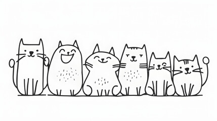 Obraz premium Charming black and white line art of six happy cats standing in a row. Ideal for pet-themed designs and playful illustrations.