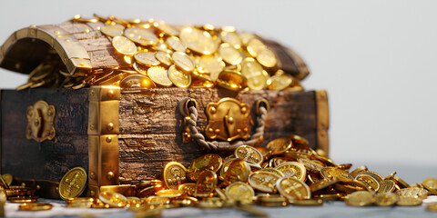 Old wooden Treasure Chest Full of Glittering Gold Coins, A Symbol of Wealth and Prosperity, Isolated on a Crystal-Clear Transparent Background, 