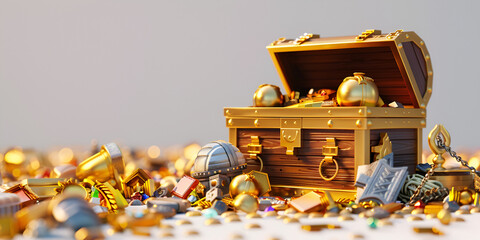 A wooden treasure chest full of gold coins in the style of cross processing vanitas on white