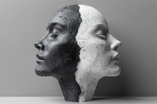Dual-face sculpture, black and white, cracked texture, symbolizing bipolar disorder. Concept: bipolar disorder.