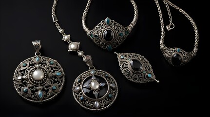 Collection of antique traditional silver jewelry on black.generative.ai