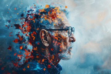 Elderly man, 70s, with glasses, dissolving into vibrant colors, representing memory loss. Concept: dementia.