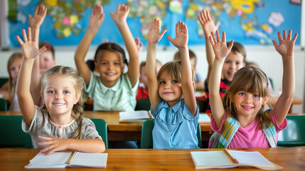Children raise their hands to answer in the classroom. Back To School concept.