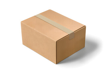 A plain cardboard box sealed with tape on a white background. Ideal for shipping, packaging, and storage-themed designs.