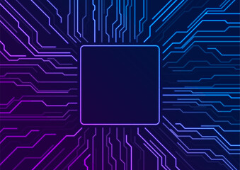 Blue purple neon abstract futuristic tech background with circuit board lines. Vector chip digital art glowing design