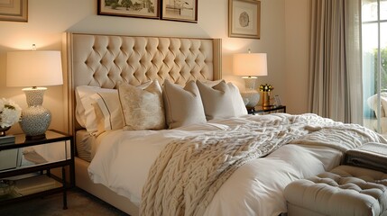 A luxurious master bedroom with a king-sized bed dressed in crisp white linens, adorned with plush throw pillows and a tufted headboard, complemented by soft, ambient lighting.