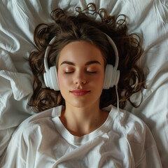 a beautiful young woman lying on her bed, her eyes closed and listening to meditation music with headphones, Ai Generated Images