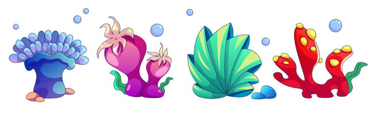 Sea coral and underwater ocean reef plant cartoon isolated icon. Undersea aquatic element with tropical leaf, moss and flora. Exotic fauna drawing bundle. Bright deep aquarium cute shape weed graphic © klyaksun
