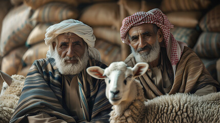 2 Saudi men sitting, white sheep in a traditional tent on the ground, Arabic Bedouin, Generative Ai