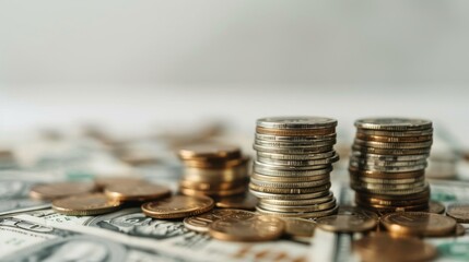 An image showcasing various stacks of coins arranged in increasing order on a background of US dollar bills It symbolizes wealth accumulation, investment growth, and financial planning