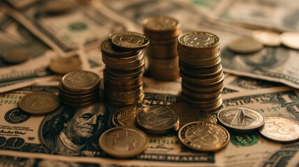A close-up image of multiple stacks of coins neatly placed on a background of various currency bills, including dollars